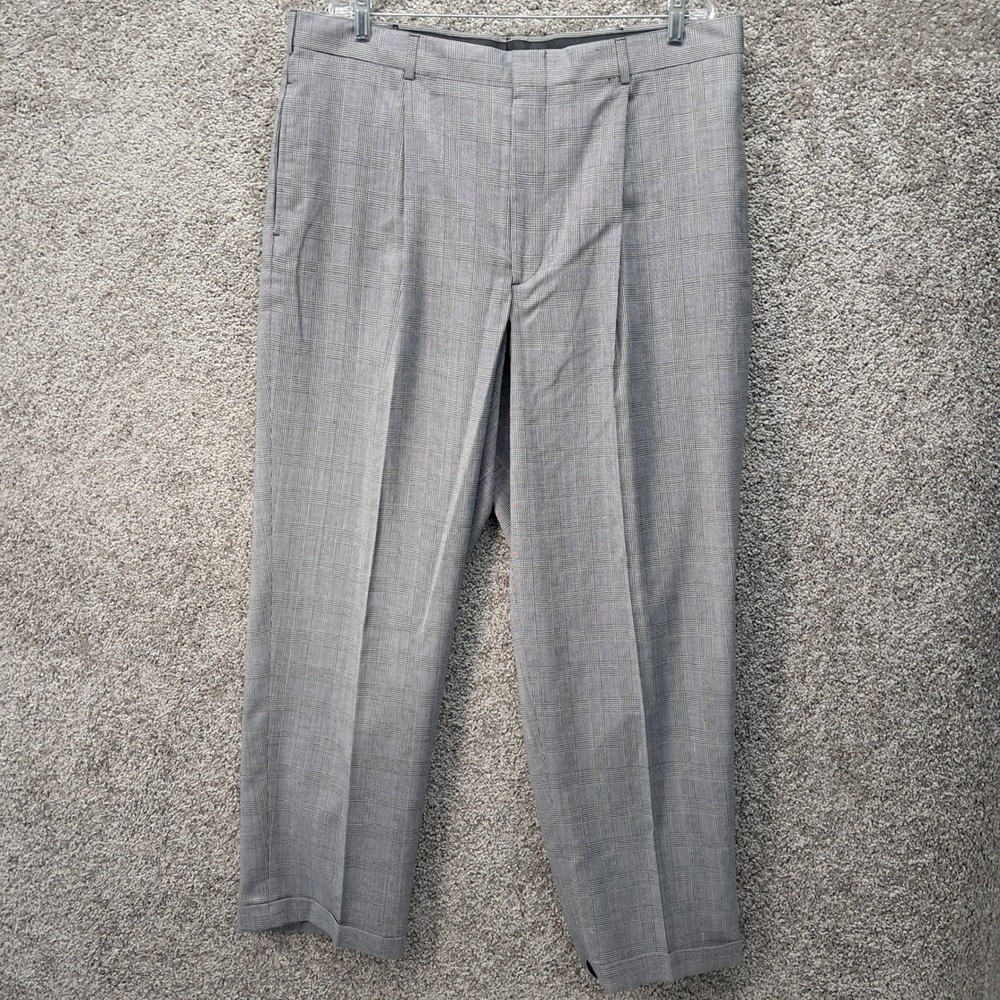 Perry Ellis Portfolio Mens 40x32 Grey Glen Plaid Pleated Cuffed Dress Pants